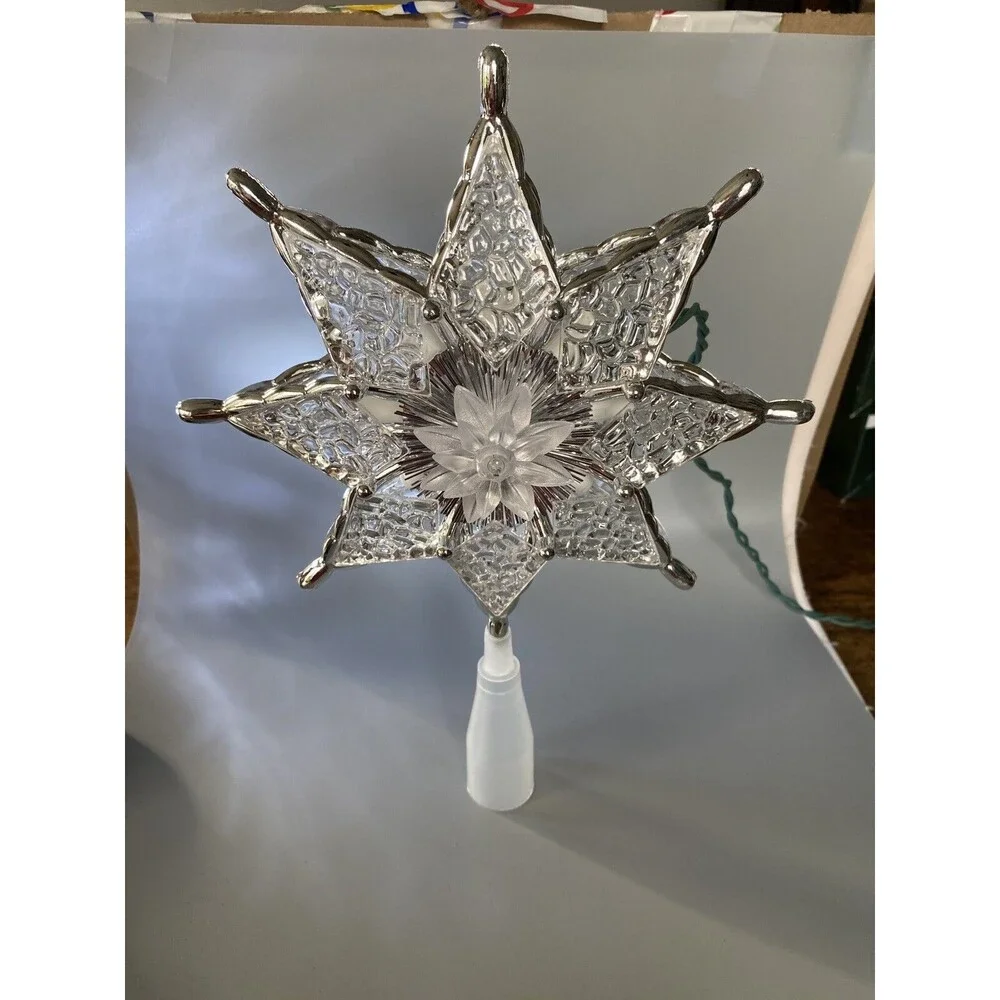 Christmas Lighted 8 Point STAR Tree Topper 2 Sided Acrylic Textured Tinsel